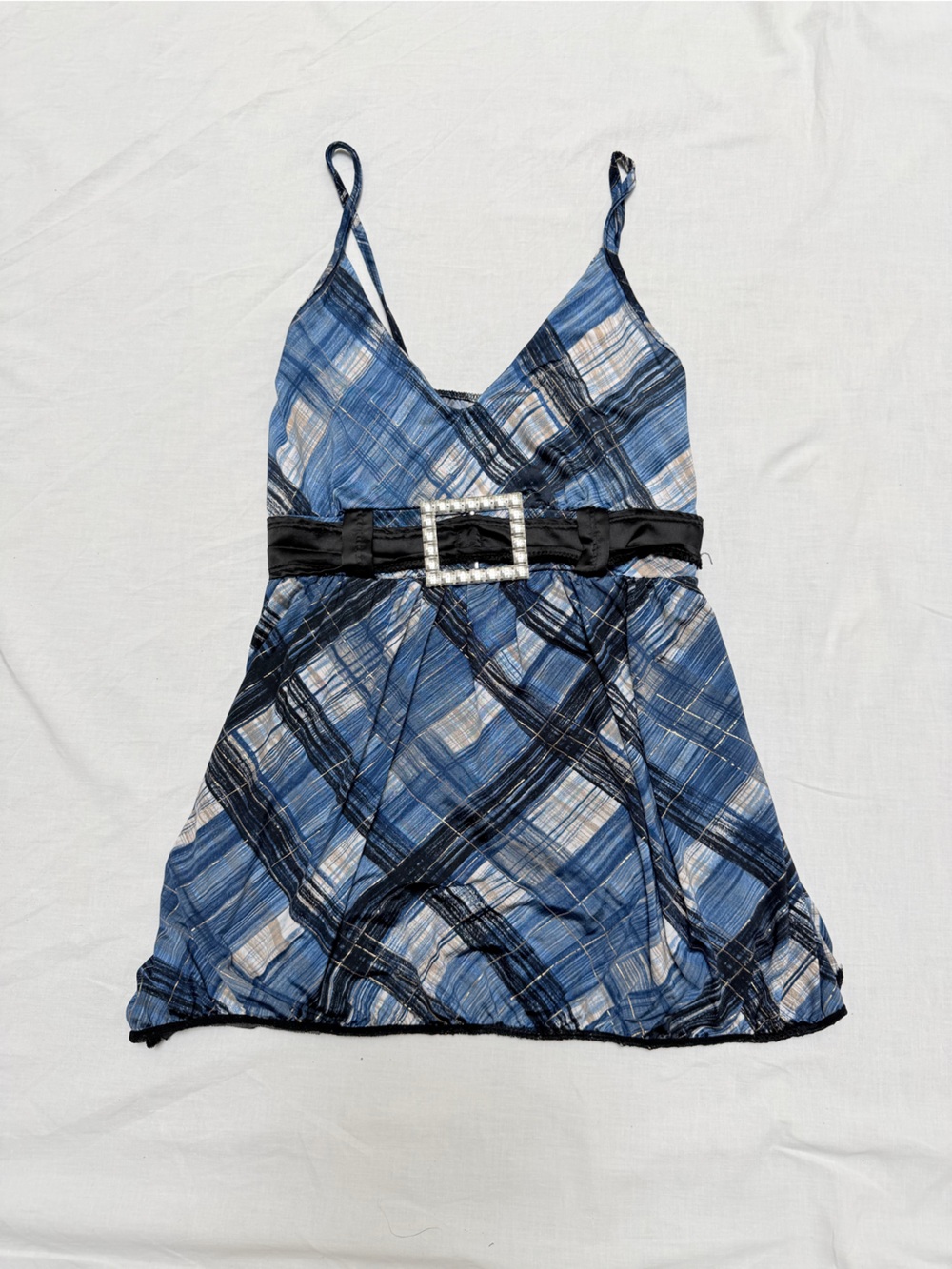 Blue Plaid Satin Belted Hair Scarf with Rhinestone Buckle